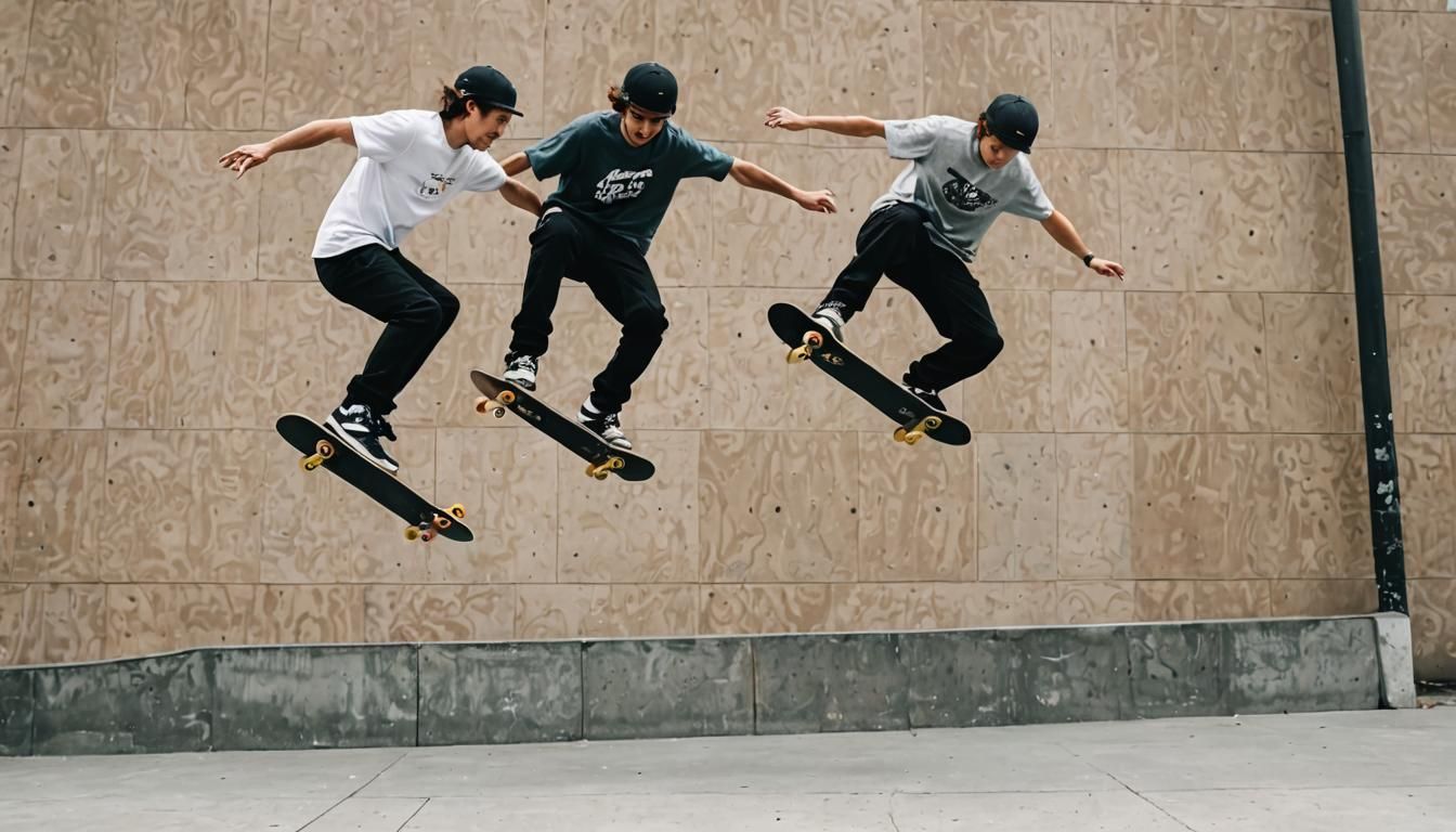 Synchronized Skateboarders Mid-Air Jump