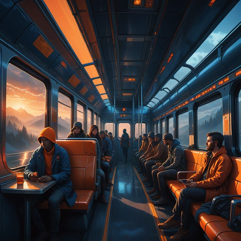 Faceless People on a Train in Fantasy Art Style