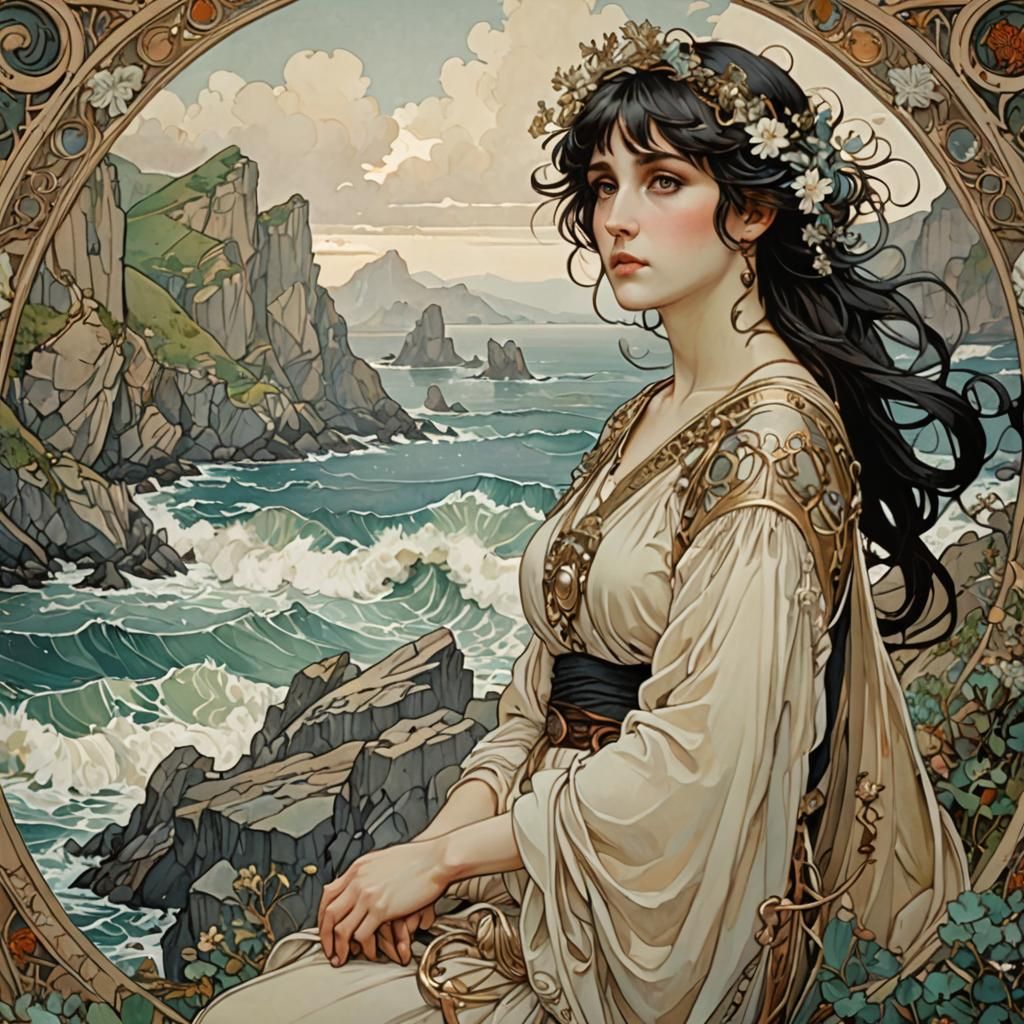 Enya Portrait on Rocky Coastline in Art Nouveau Style