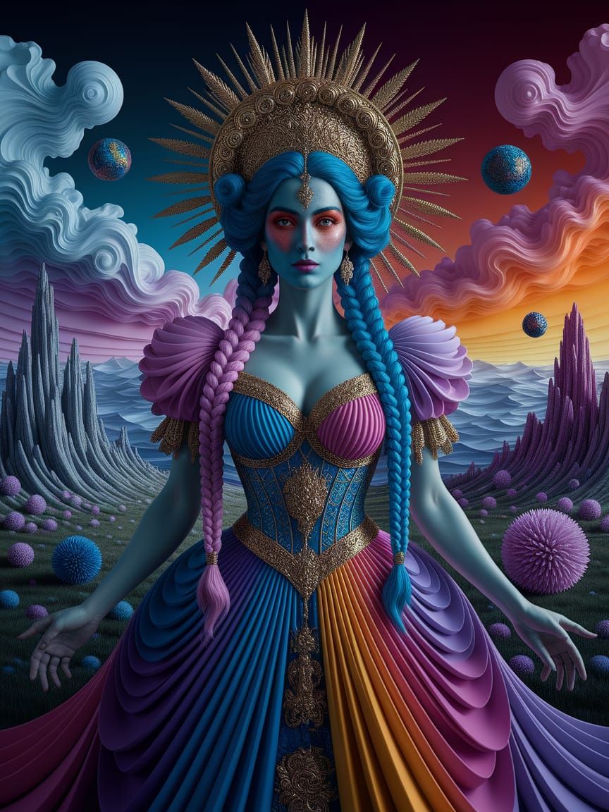 Goddess with Ribboned Braids in Psychedelic Landscape