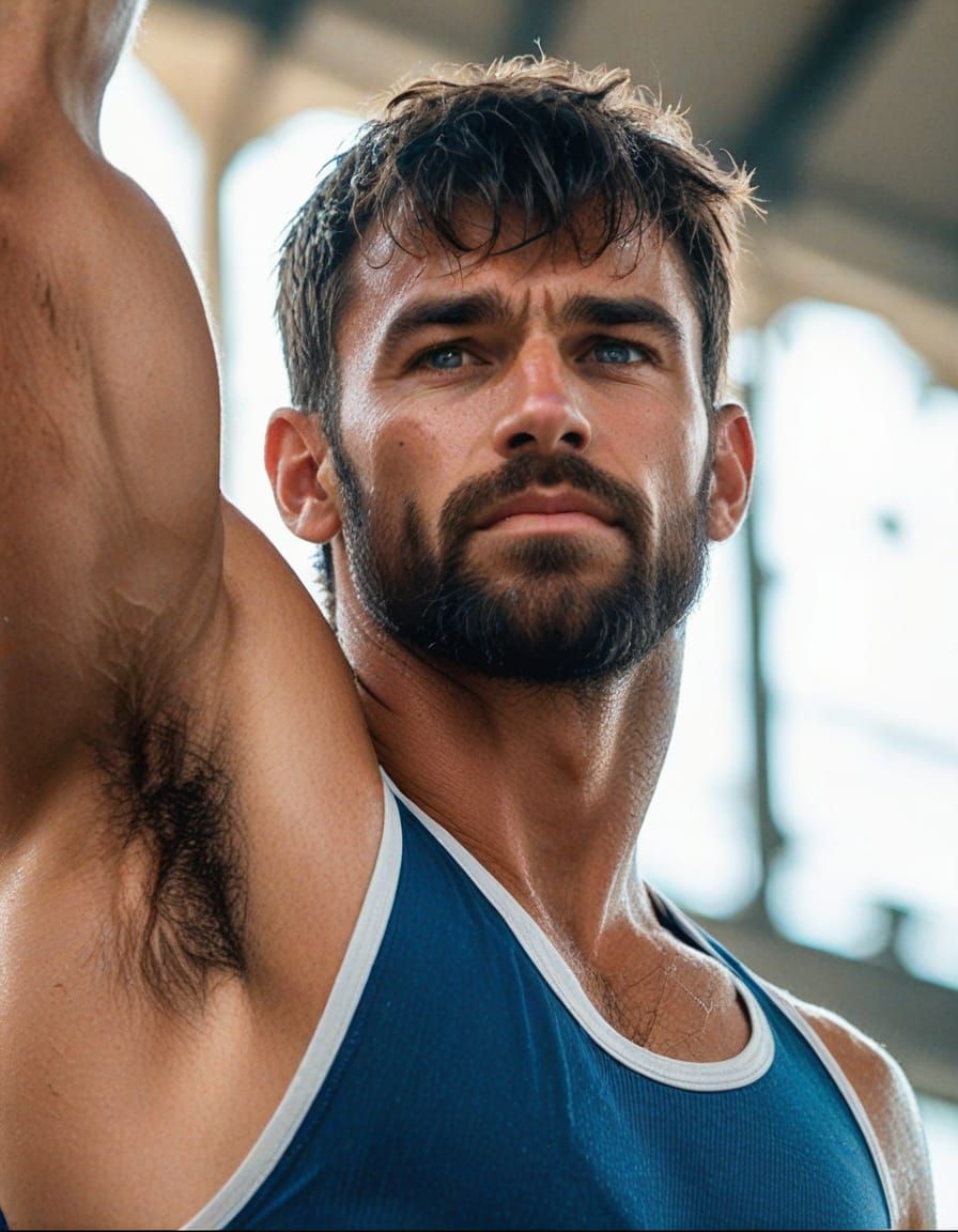Ripped Gym Body Man Showcases Hairy Armpits with Sweat
