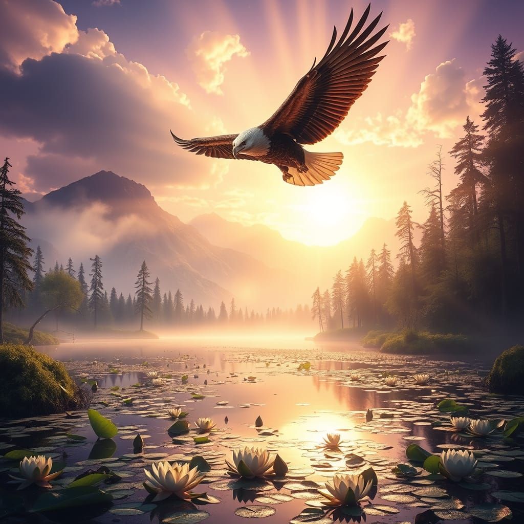 Eagle soaring over swamp