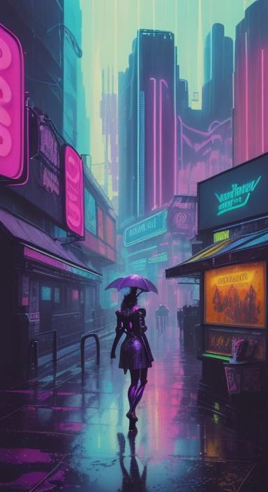 Neon City Rain: Cyberpunk Gouache Swirls