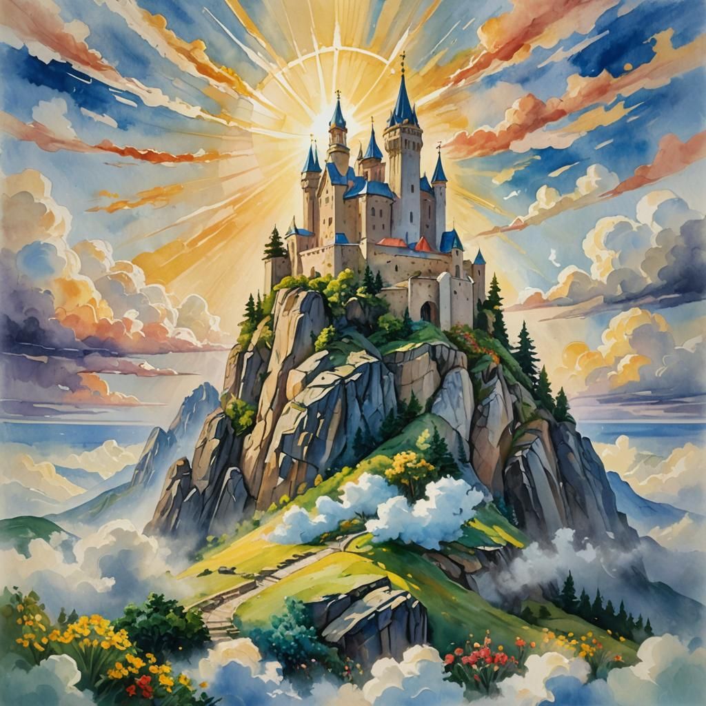Divine Fortress in Gouache Watercolor Style
