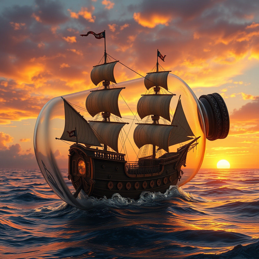 Pirate Ship in a Bottle: Sunset Seascape