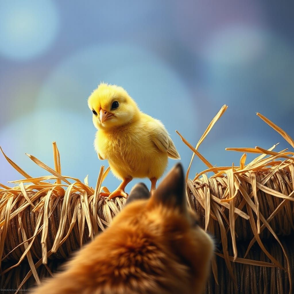 Grumpy Chick Confronts Fox in Colorful Concept Art