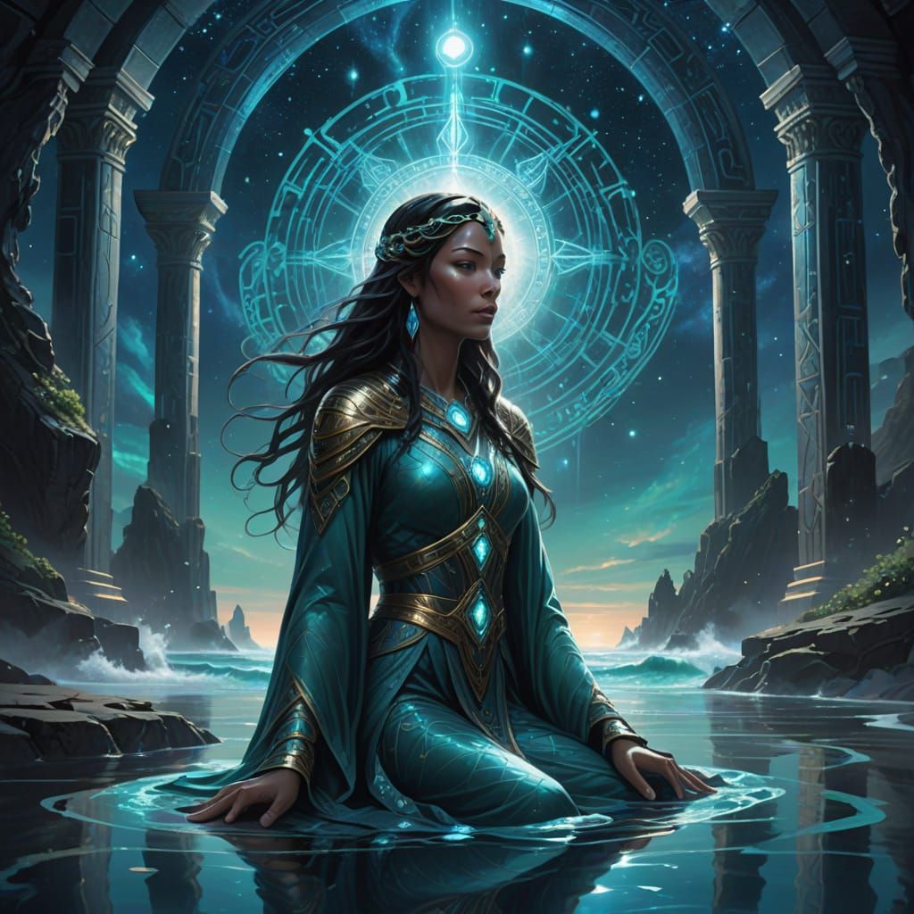 Girl on Ocean Cliff with Atlantean Glyphs