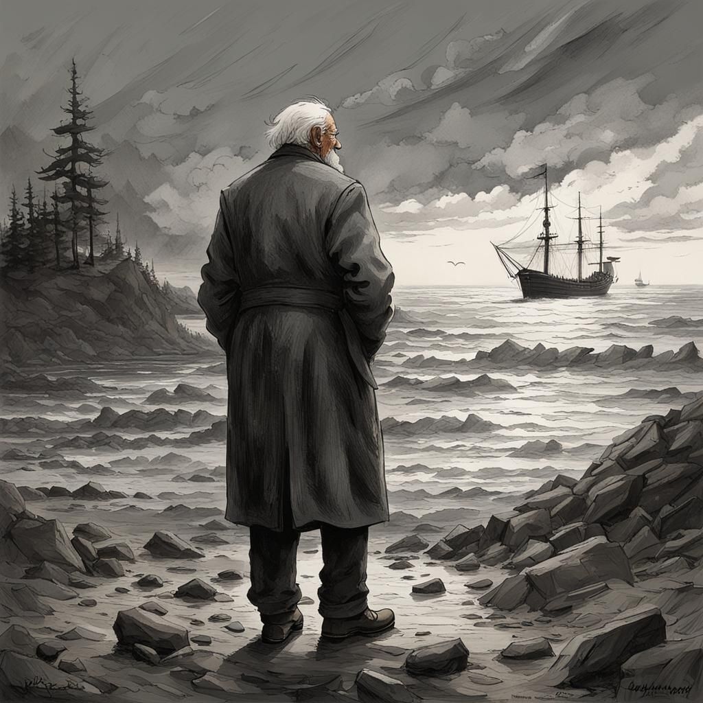 Old Man Gazes at Seashore Horizon at Sunset
