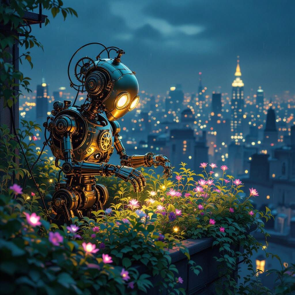 Clockwork Gardener Tends Bioluminescent Rooftop Garden