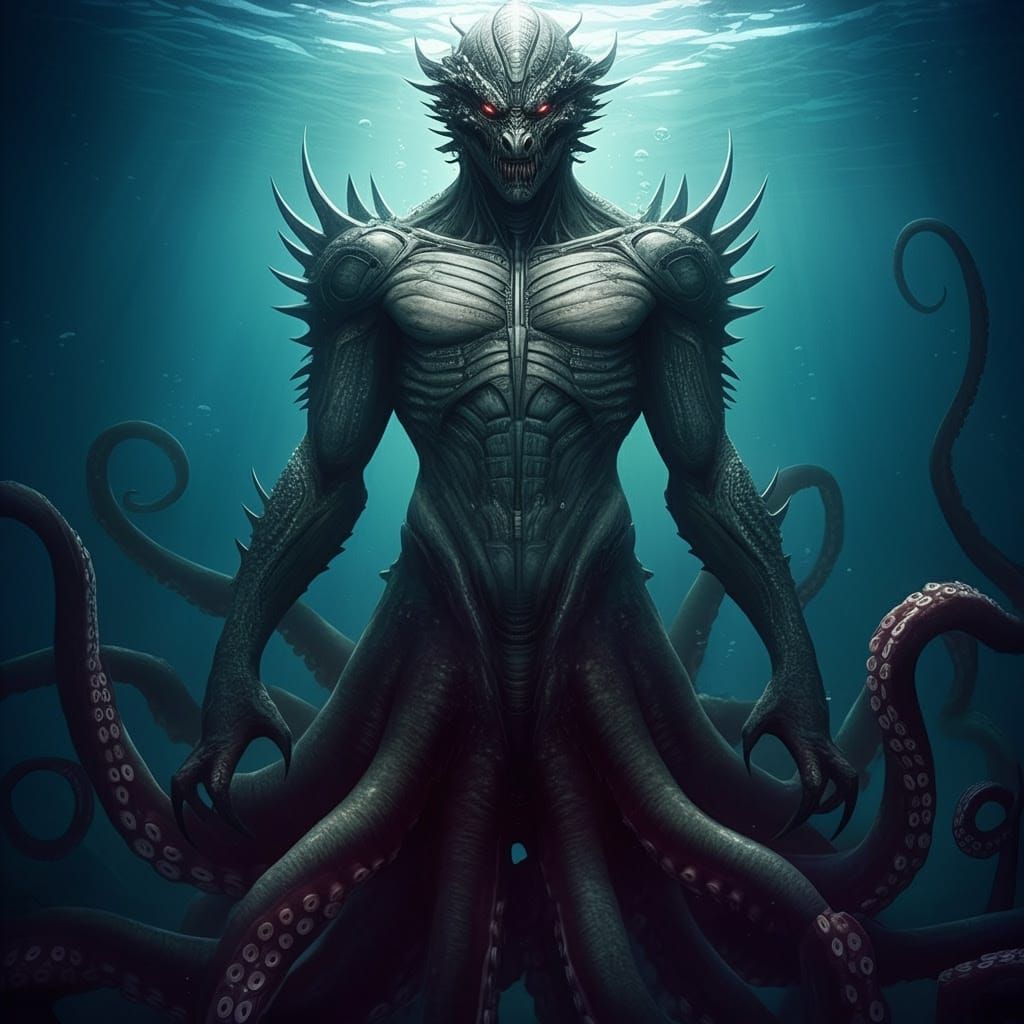 Underwater Dragon-Octopus Hybrid in Surreal Style