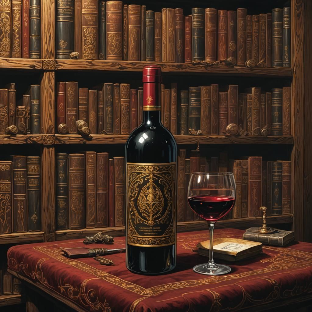 Majestic Wine Bottle with Ancient Books, Hyperrealistic Rend...