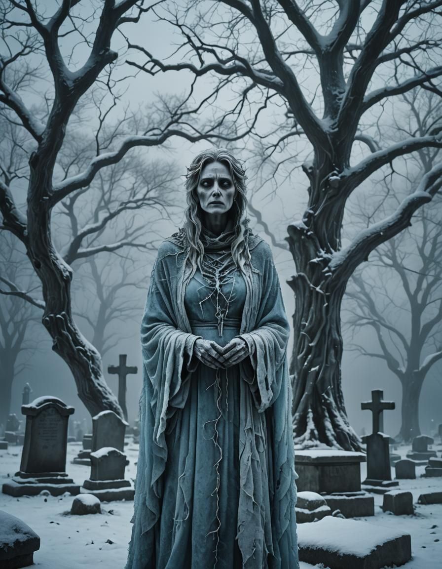 Frozen Ghost in Winter Graveyard: Dark Surrealism