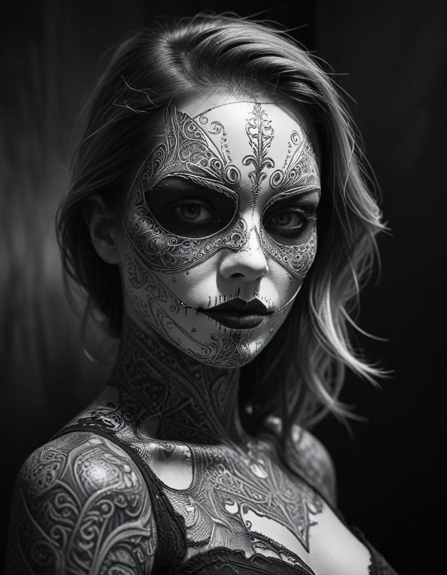 Masked Woman in Graphite Sketch Style