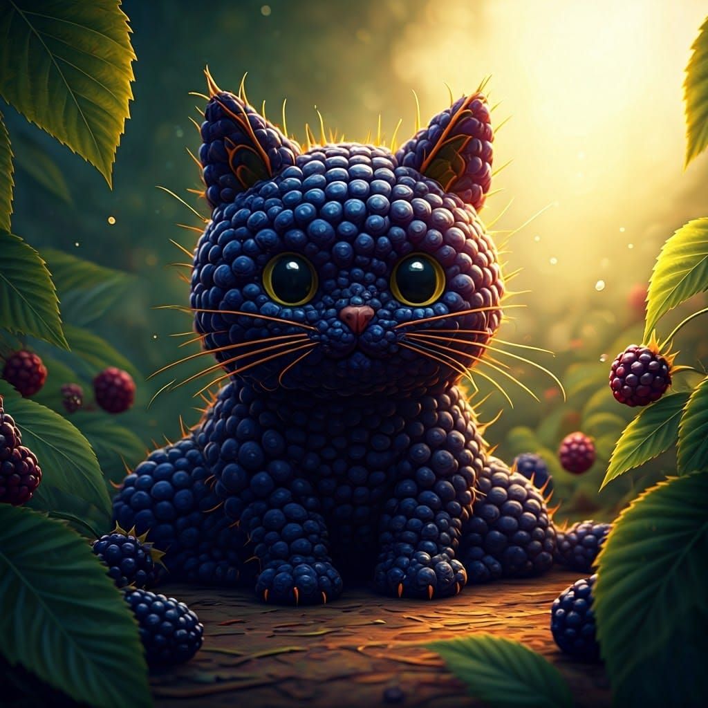 Whimsical Blackberry Feline in Enchanted Garden