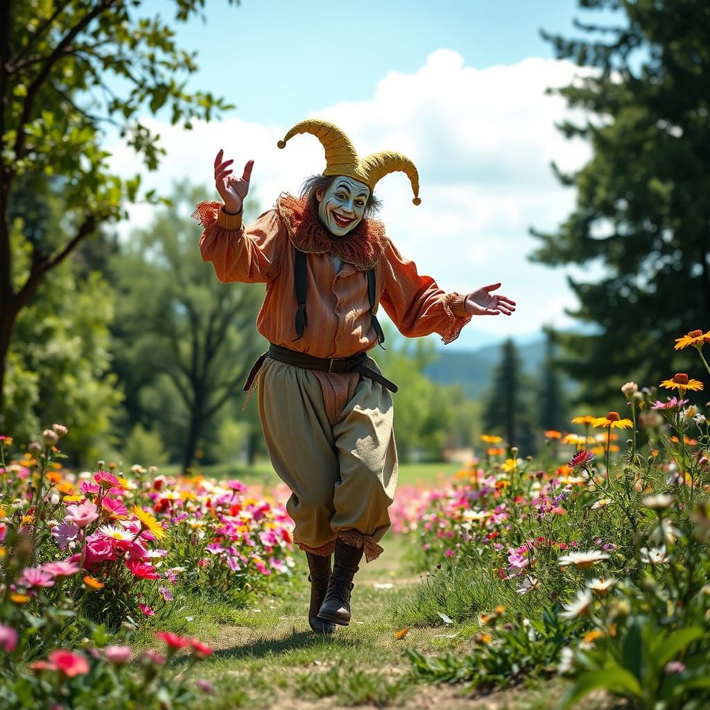 Joyful Jester in a Vibrant Floral Meadow