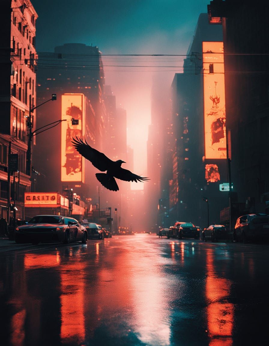 Majestic Raven in Flight Against Neon Cityscape