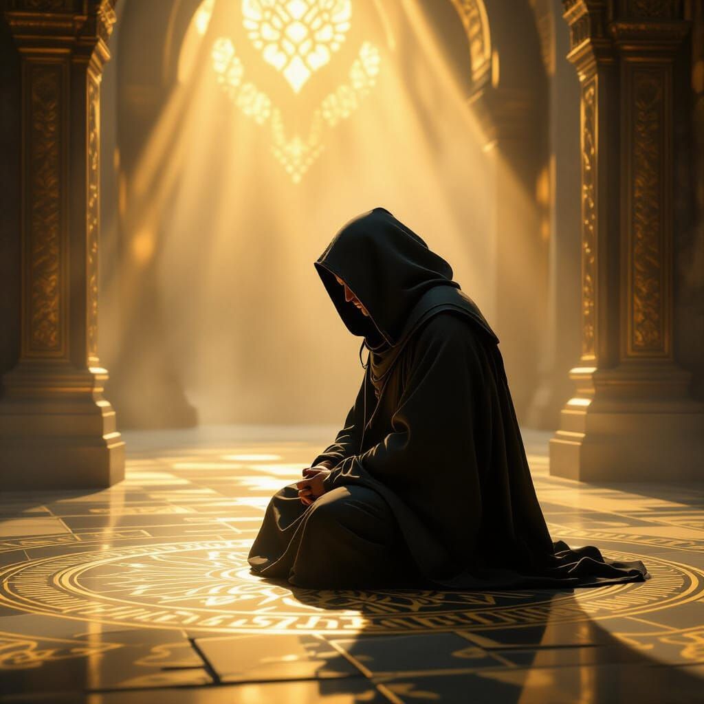 Monk in Prayer with Mystical Symbols