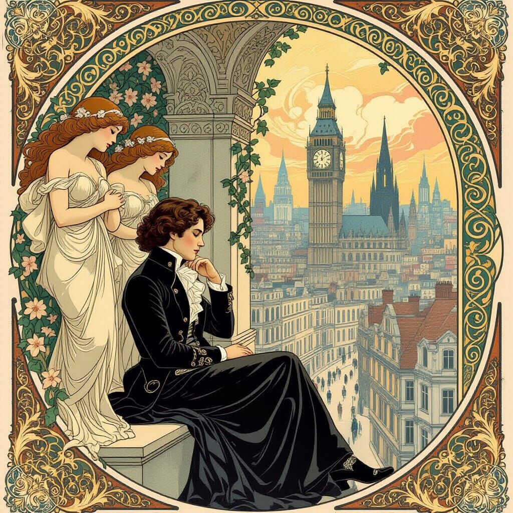 Art Nouveau Mozart in Ornate London, Dreamlike Cityscape
