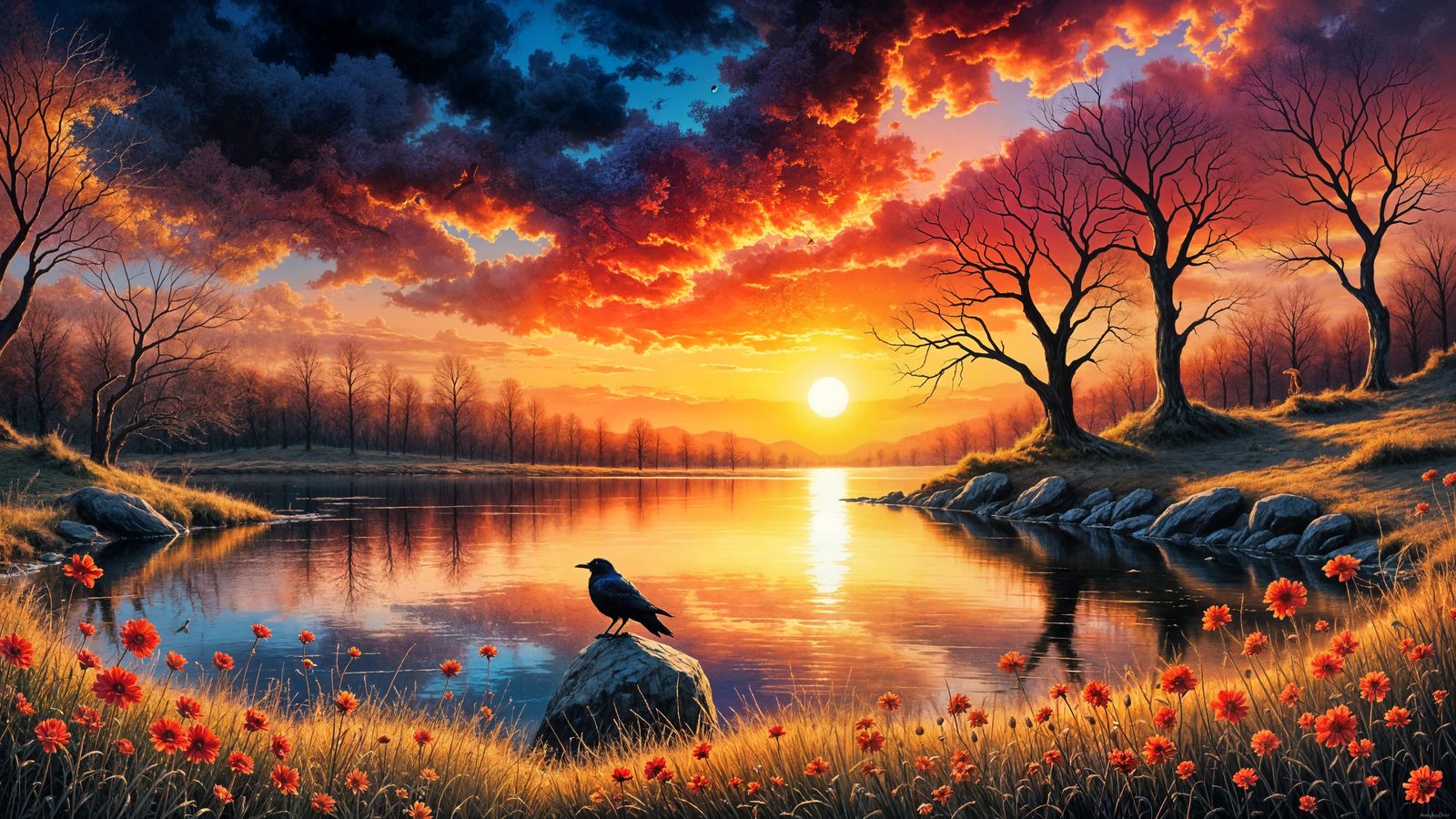 Impasto Crow by River at Twilight