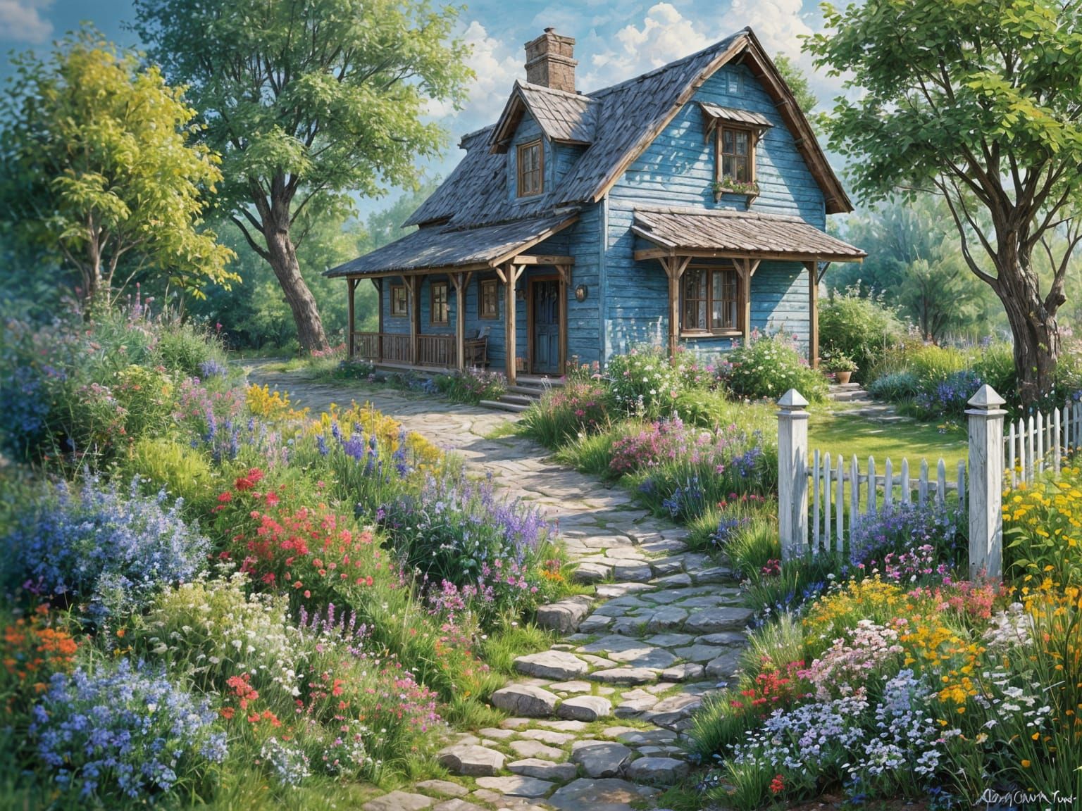 Impressionist Blue House Scene with Vibrant Brush Strokes