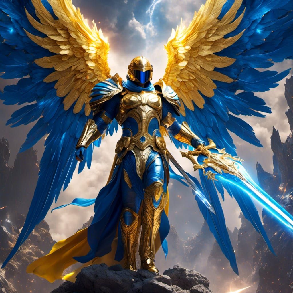 Hyperreal Archangel with Golden Wings in Galactic Scene