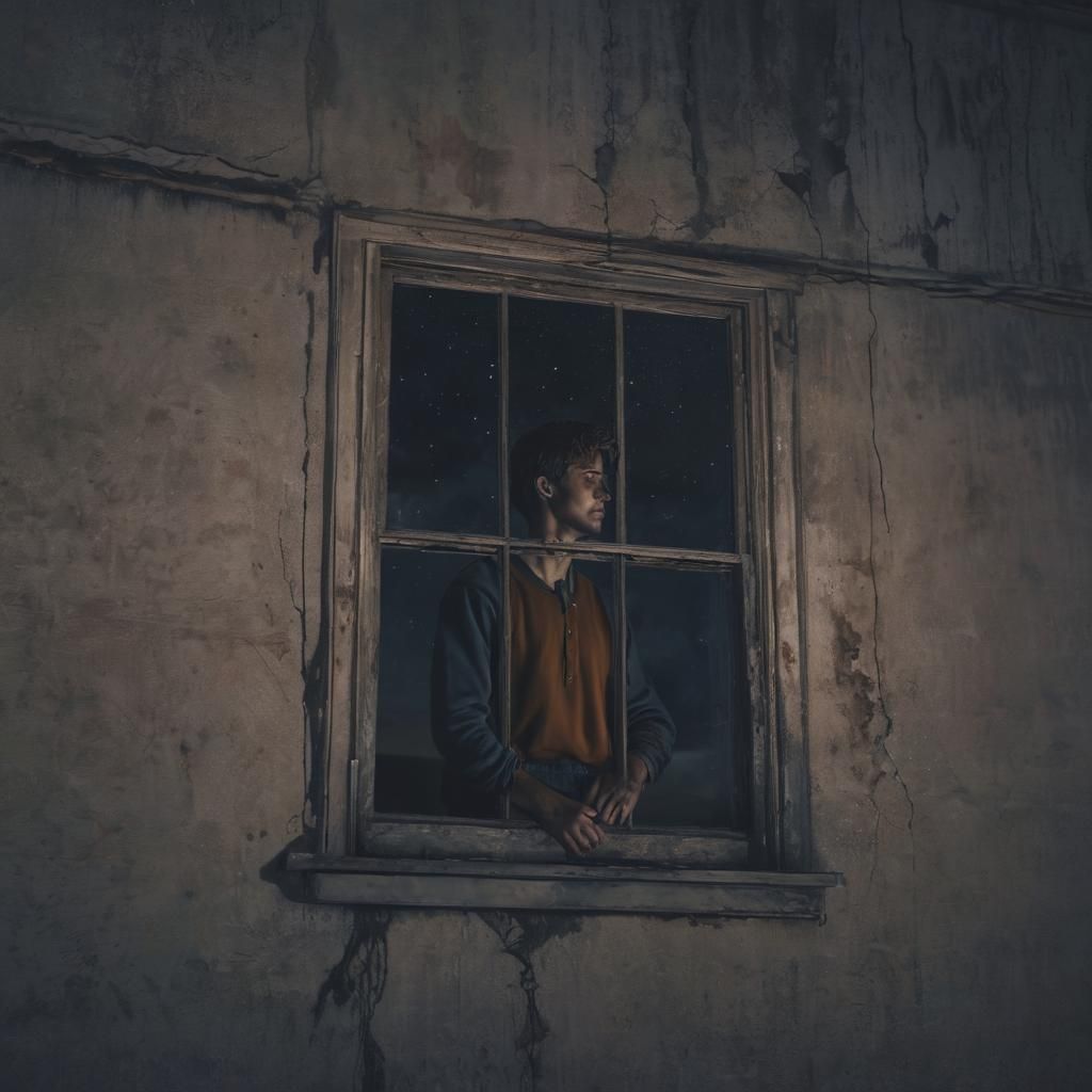 Lonely Man's Reflection in Gritty Realism Style