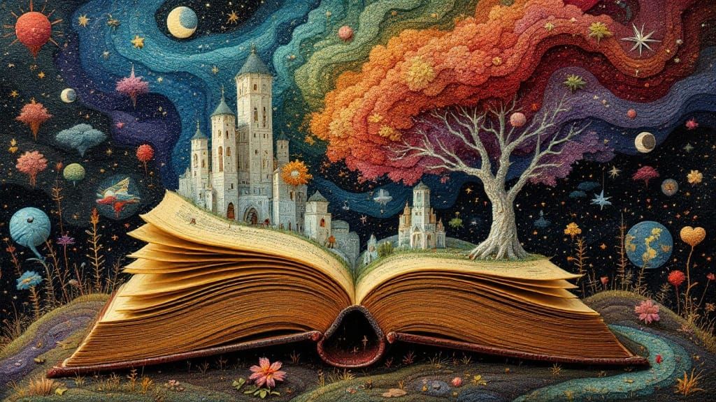 Knitted Embroidery Art: World in an Open Book
