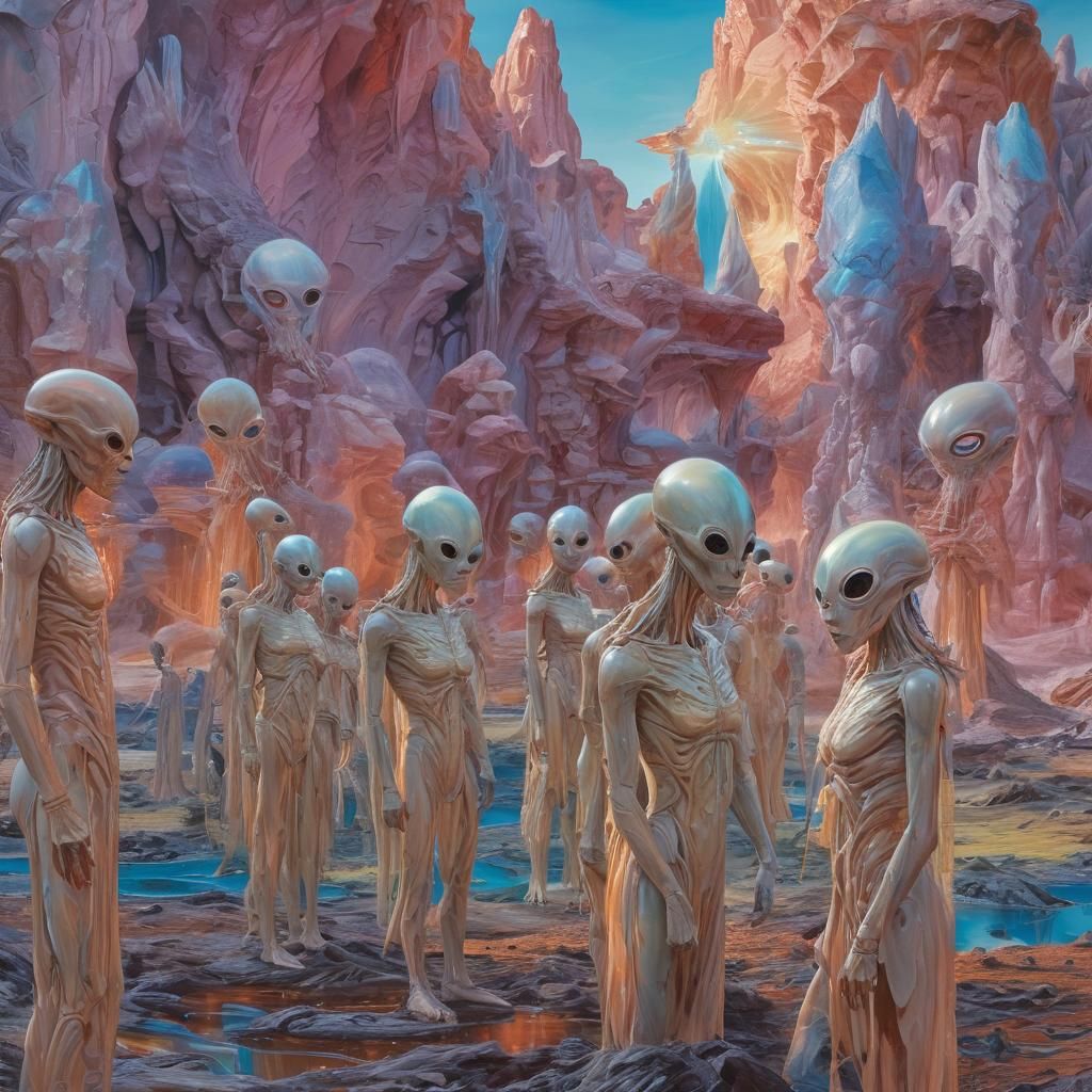 Surreal Alien Gathering in a Melting Vortex Landscape