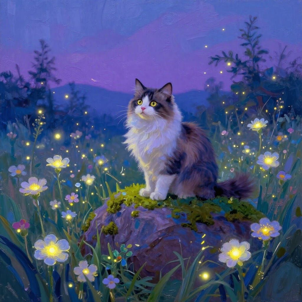 Fluffy Cat on Mossy Rock in Magical Twilight