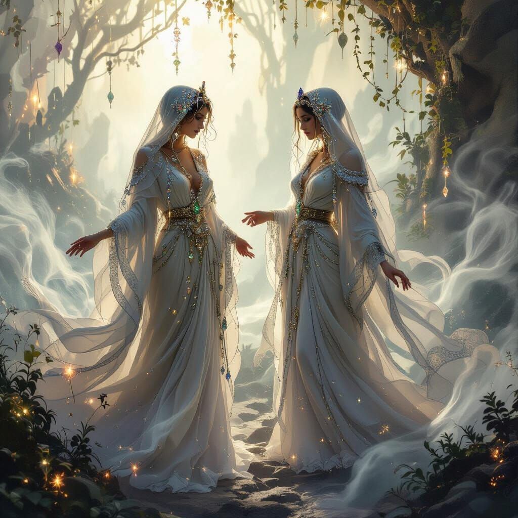 Mystical Women in Ethereal Robes with Gemstones
