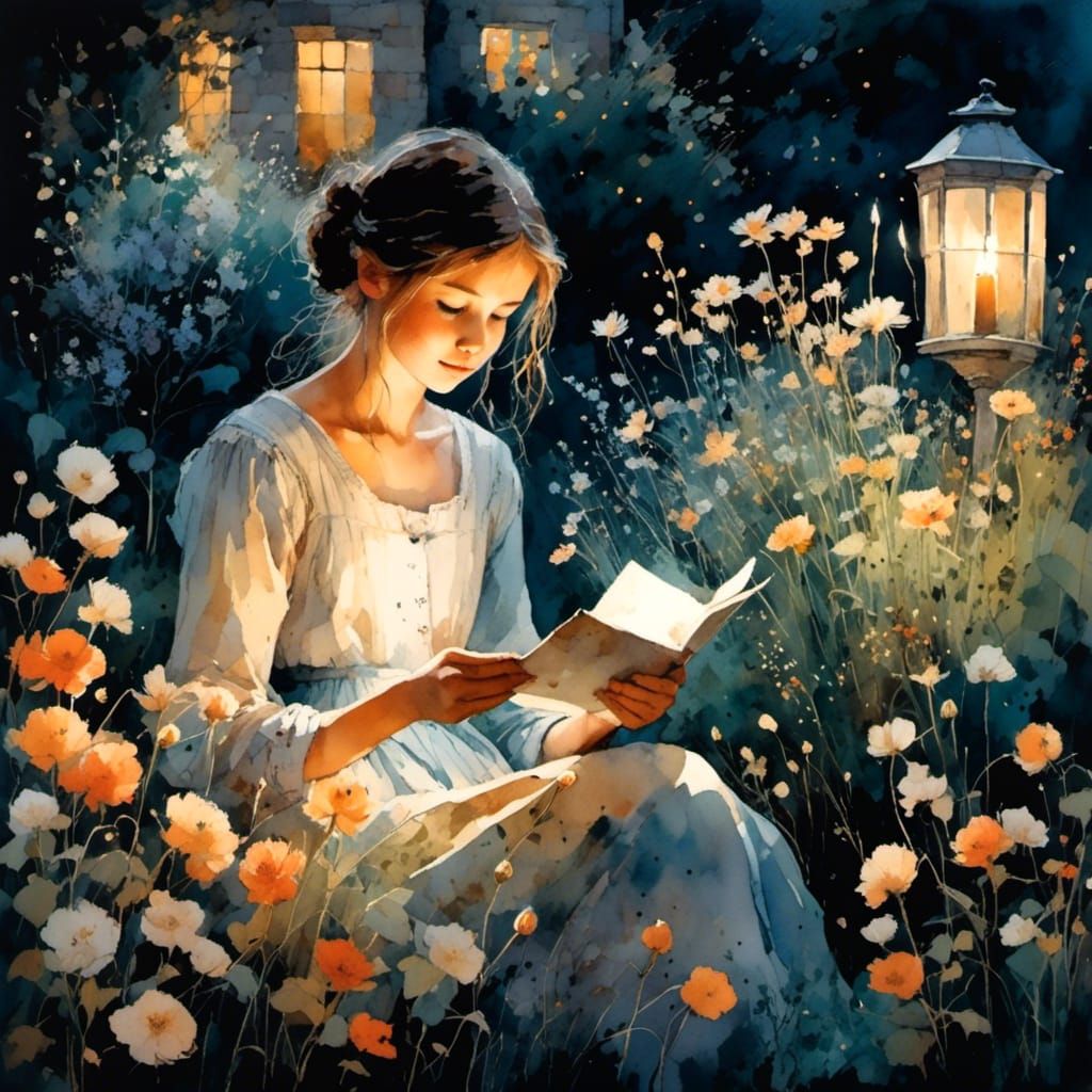 Girl Reads Letter in Lush Garden, Watercolor Style