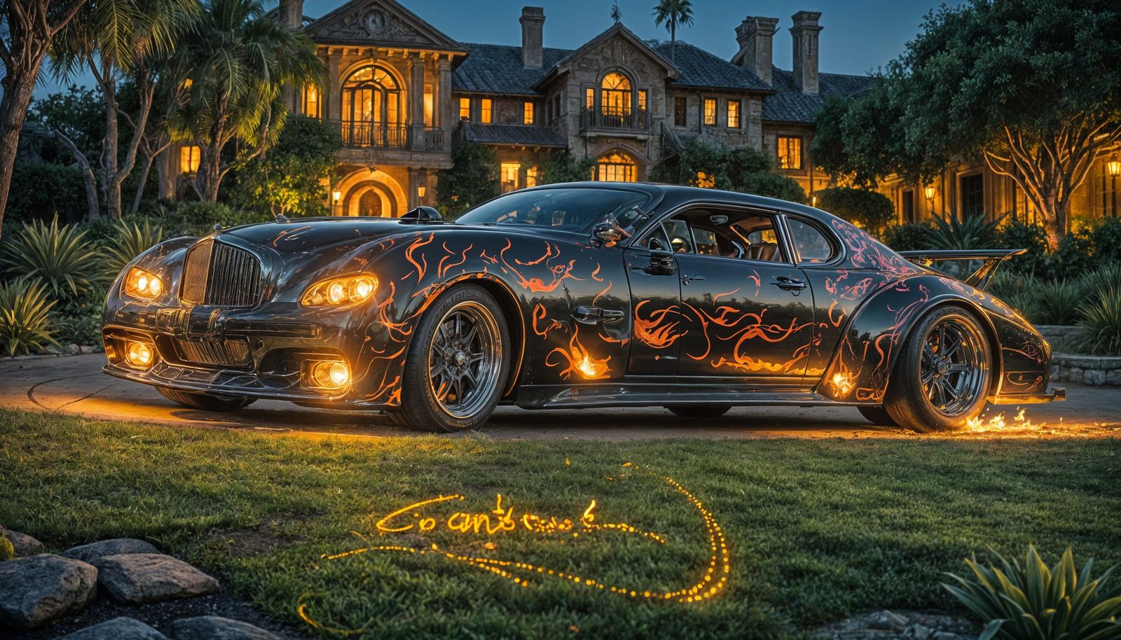 Custom Coupe with Flames in California Mansion Garden
