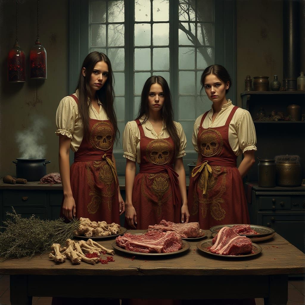 Three Women Gather in a Dark Victorian Dining Room