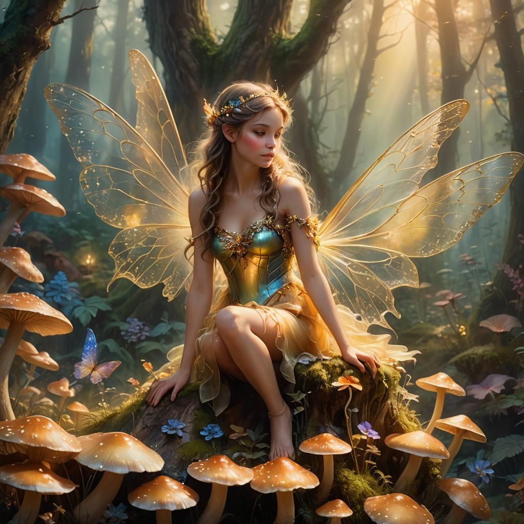 Ethereal Fairy on Mushroom in Mystical Forest