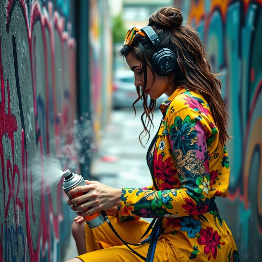 Woman Creating Street Art with Spray Paint
