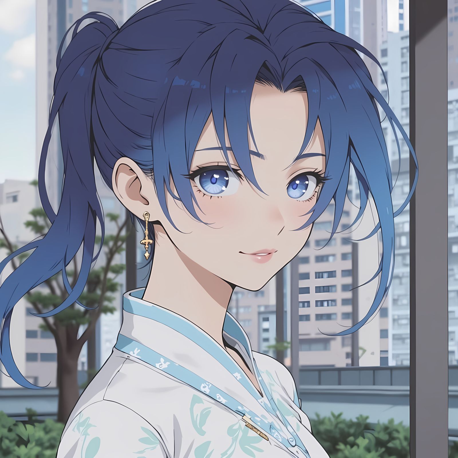 Kawaii Anime Girl with Bright Blue Hair and Kimono