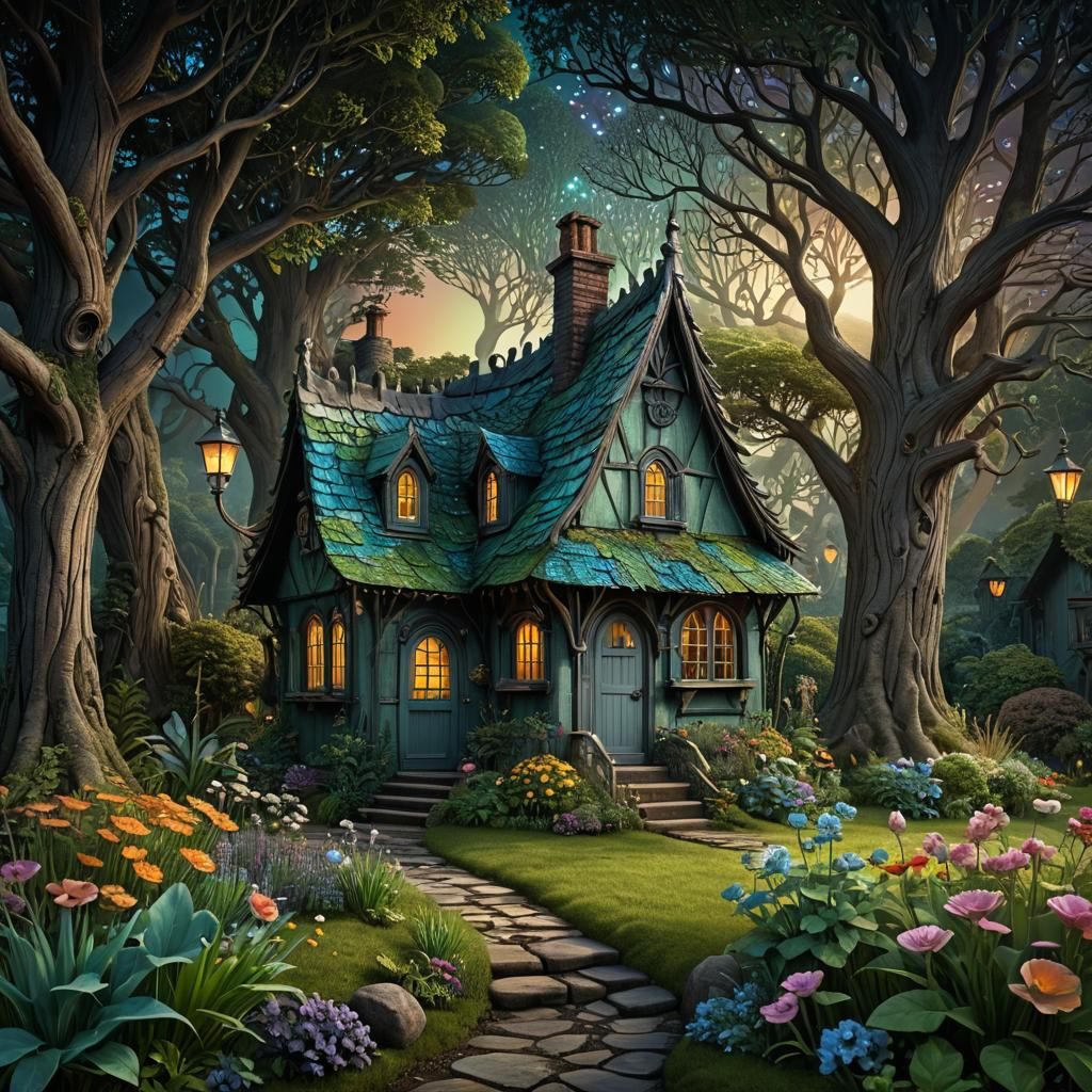 cozy cottage with gardens landscape, hyperdetailed, intricat...
