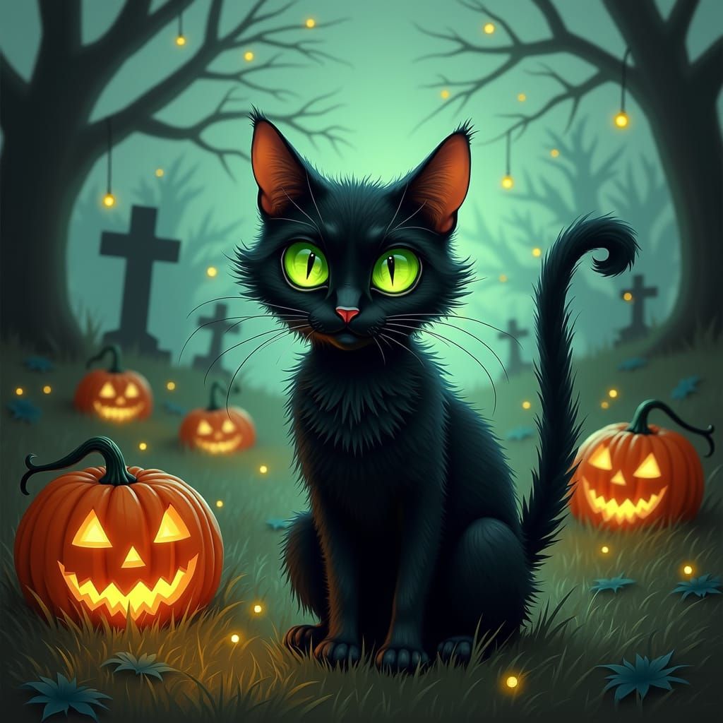 Black Cat in Graveyard: Halloween Ethereal Glow