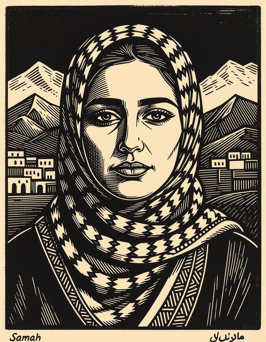 Samah: Palestinian Woman Portrait in Linocut Style