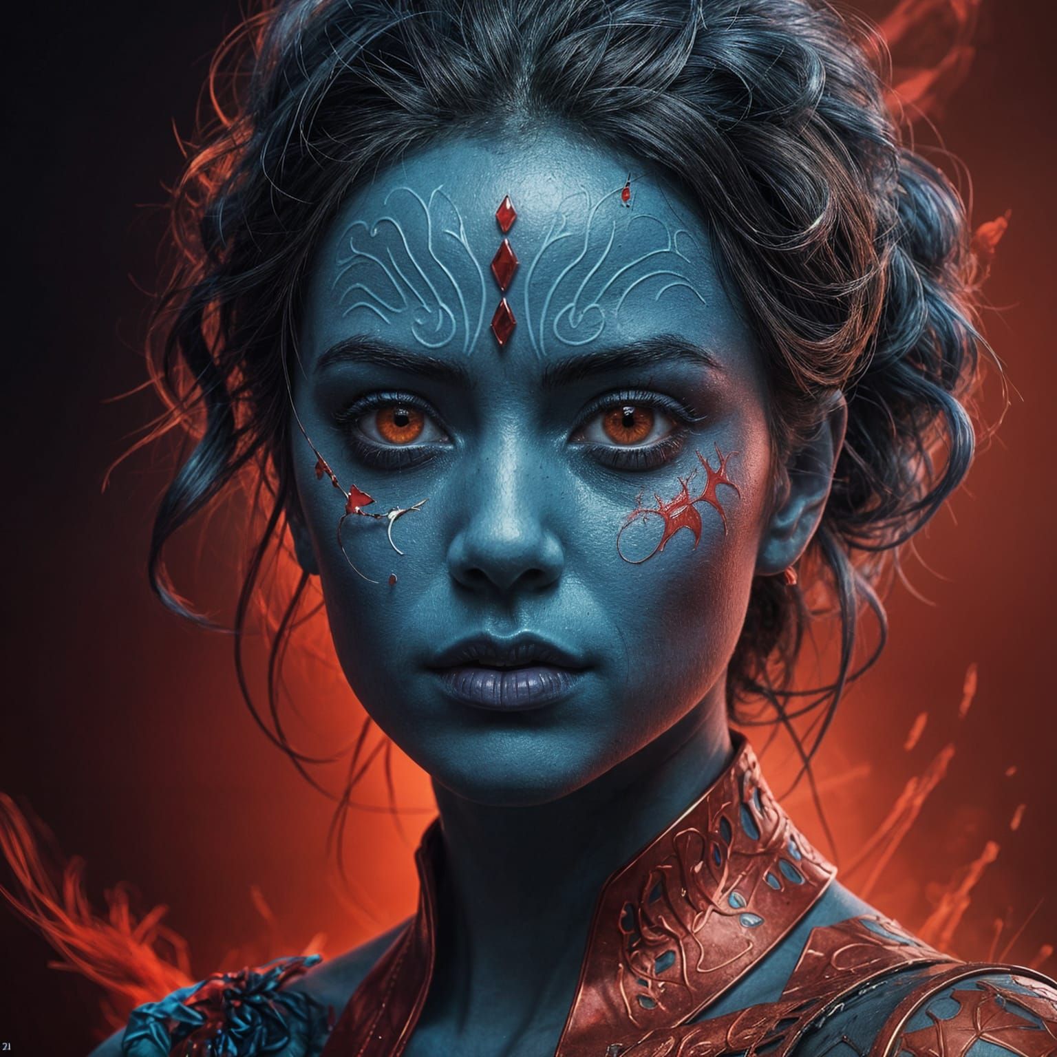 Hyperrealistic Digital Art with Intense Blue Figure and Vibr...