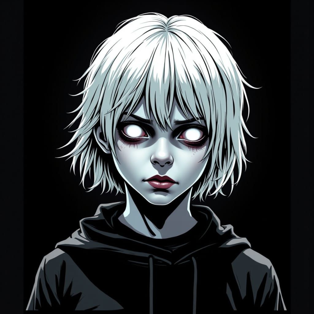 Gothic Comic Book Horrorcore Icon in Pale White Hair