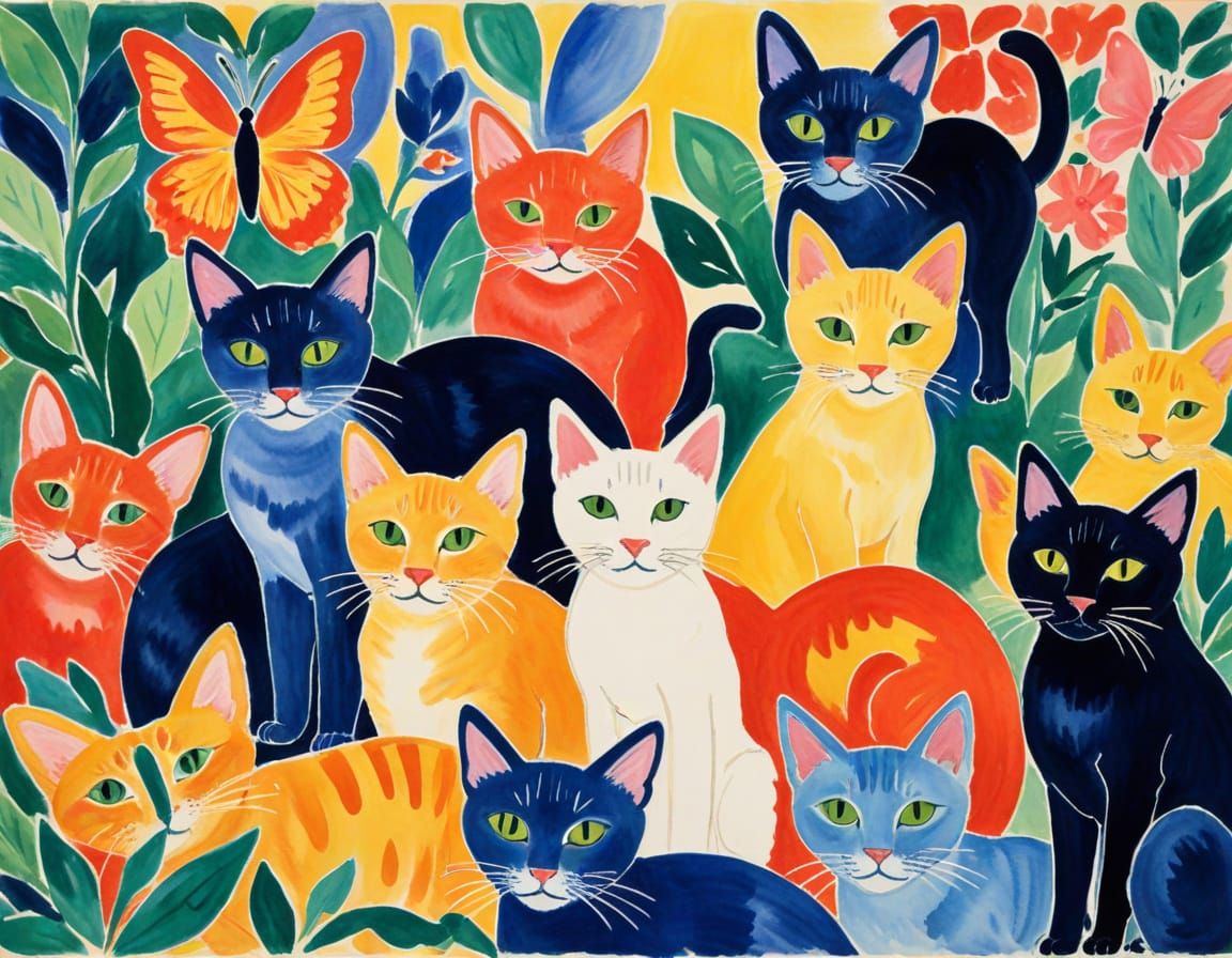 Vibrant Fauvist Cats Dance with Butterflies