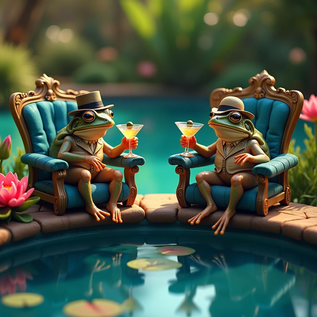 Tree Frogs Lounging in Ornate Chairs, Sipping Martinis