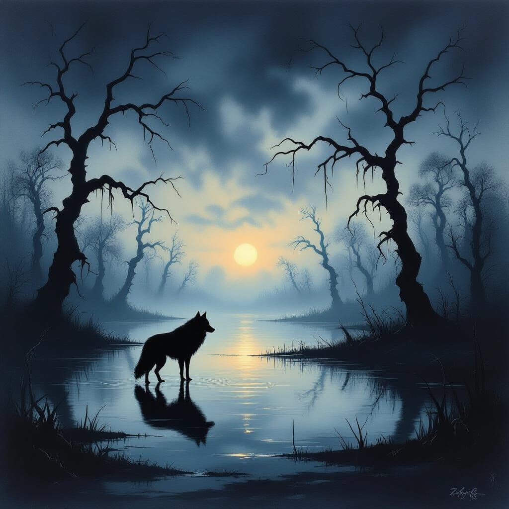Gaunt Wolf in Misty Swamp Under Twilight Sky