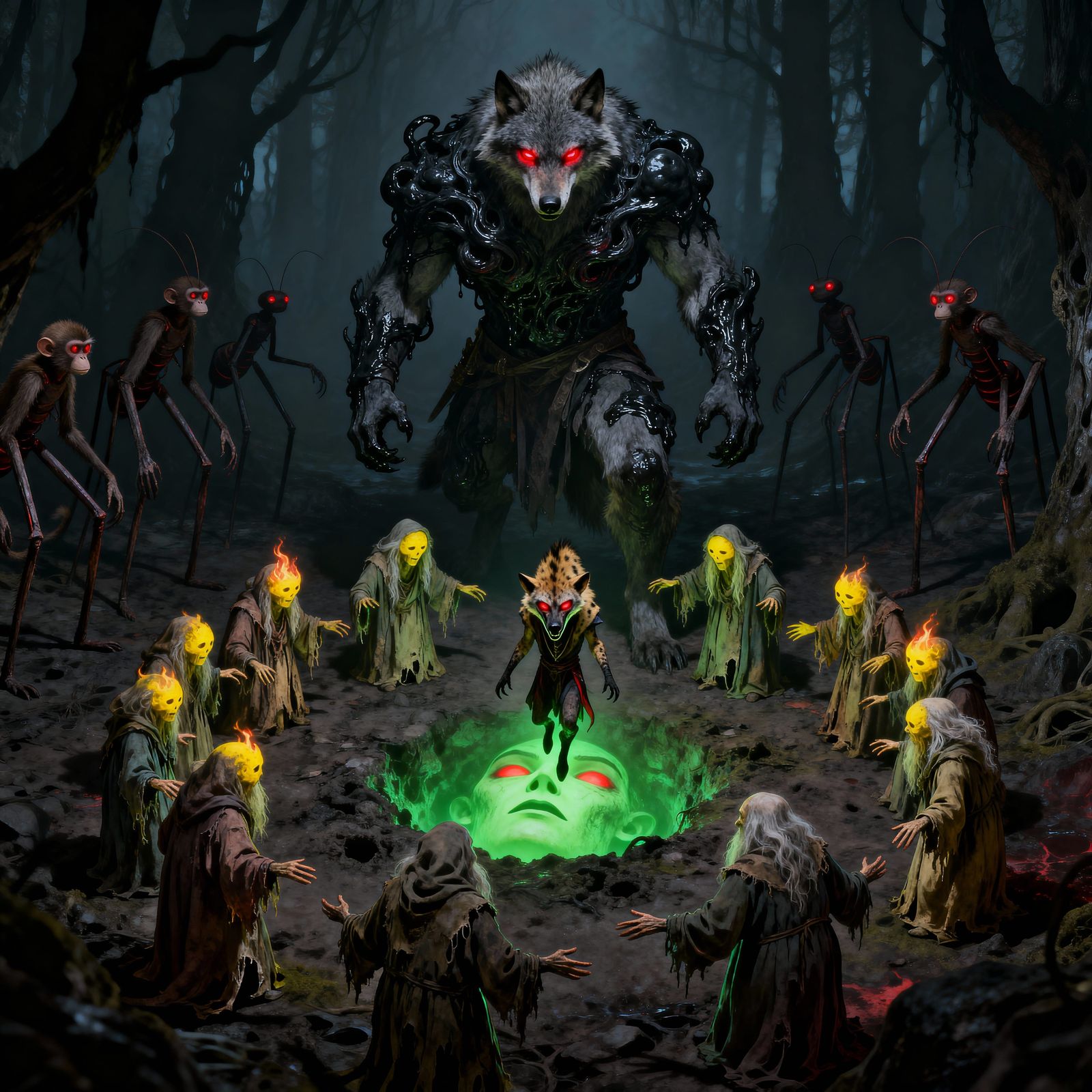 Wolf Warlord in Eerie Underworld with Tar Creatures