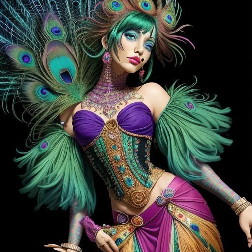 Peacock Woman: Vibrant Abstract Surrealism in Art Deco Style