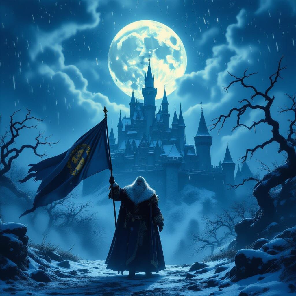 Regal King Holds Banner Before Moonlit Castle in Storm