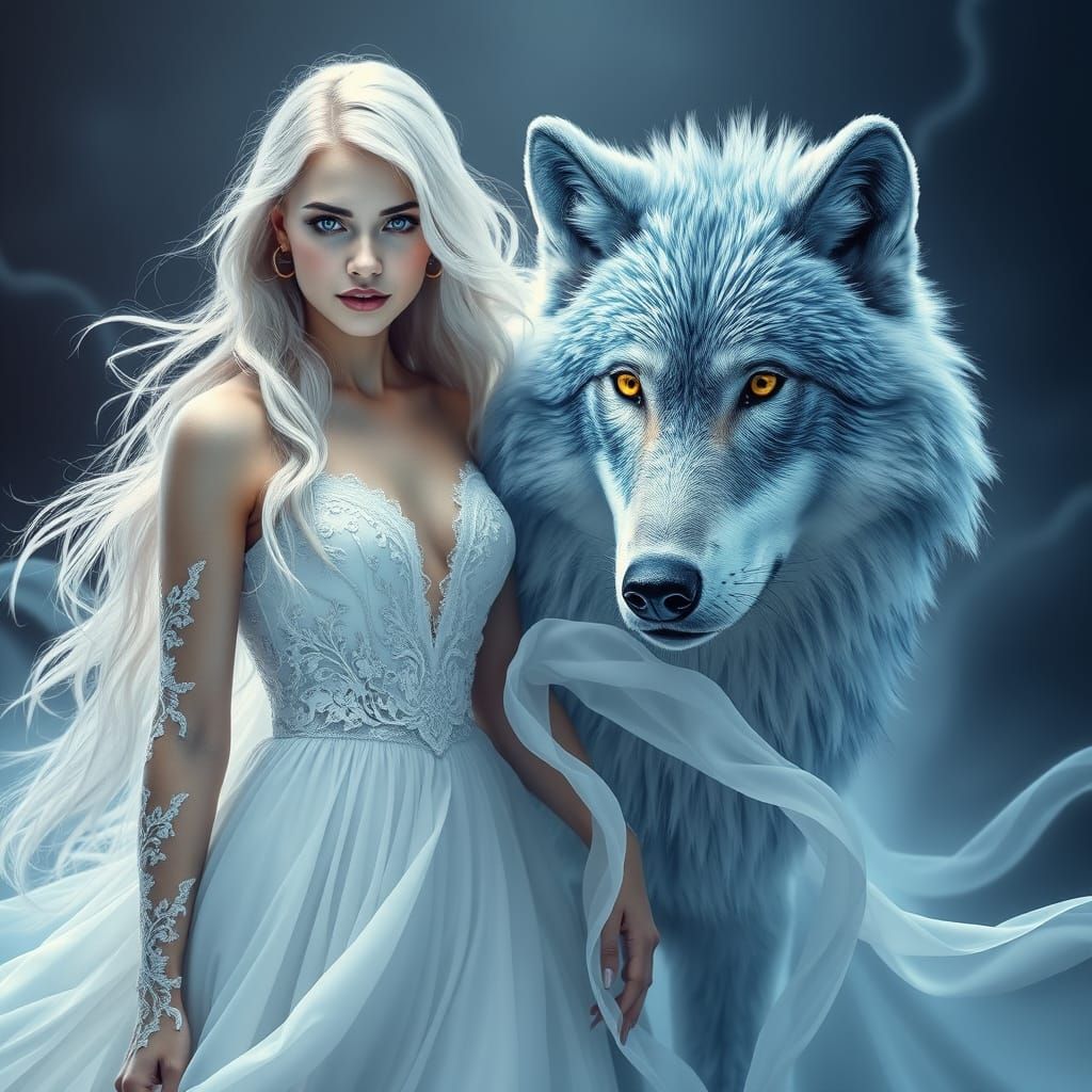 Surreal Beauty Meets Majestic Wolf in Dreamlike Landscape