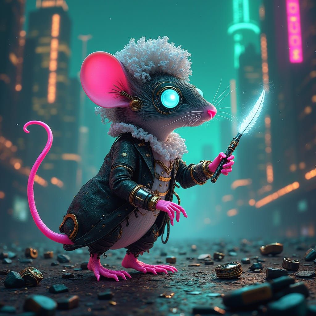 Cybernetic Mozart Mouse in Dystopian Cyberpunk Cityscape