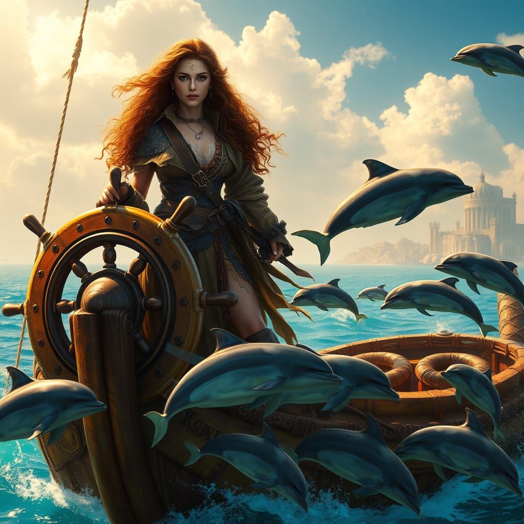 Regal Woman Pirate Sails the High Seas in a Tropical Paradis...